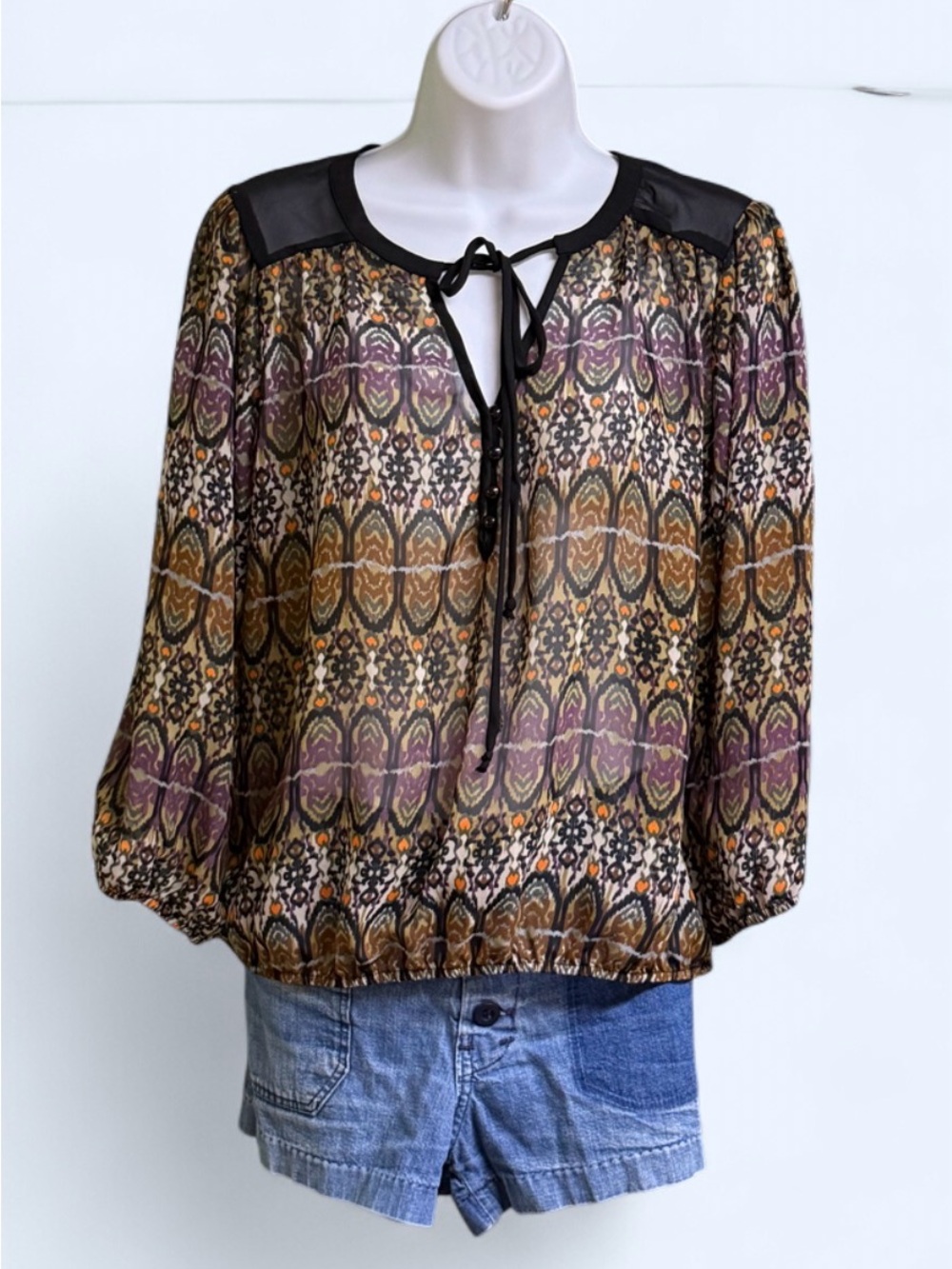 Lily-Rose Sheer Peplum Blouse Size L Boho Top 3/4 Sleeve Color Black & Brown